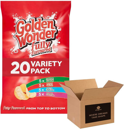 Golden Wonder Crisps | Fully Flavoured Snacks – Classic Flavors | British Potato Snack Bulk Pack for Kids and Adults Lunchboxes, Parties, and Sharing - 20 x 25g (1 Pack, Meat)