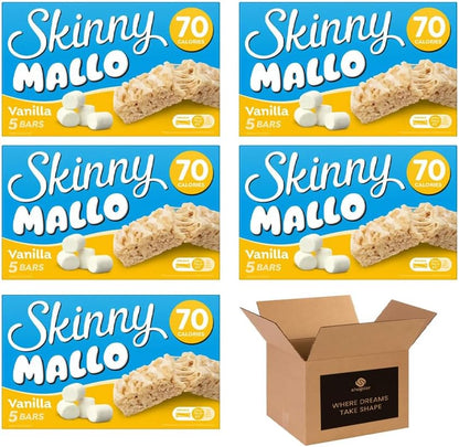 5 × Skinny Mallo Bars – Low Calorie Marshmallow Cereal Bars | Under 70 Calories Sweet Snack Treats for Kids & Adults, Healthy Snack Bars for Lunchboxes | (Pack 3(15 Bars), Vanilla)