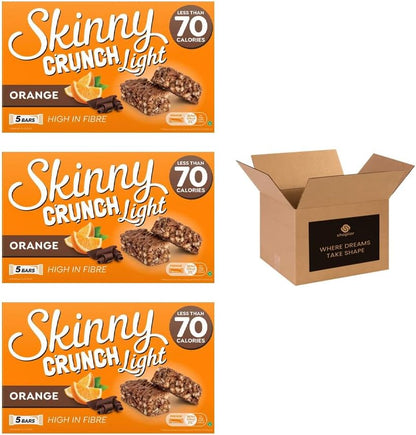 5 × Skinny Crunch Snack Bars – Less Than 90 Calories | High Fibre Cereal Bars Milk Chocolate Flavoured Coating | Snacks for Kids and Adults | Sweet Treat Gifts (Pack 3(15-Bars), Orange)