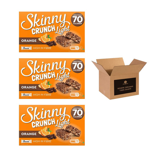 5 × Skinny Crunch Snack Bars – Less Than 90 Calories | High Fibre Cereal Bars Milk Chocolate Flavoured Coating | Snacks for Kids and Adults | Sweet Treat Gifts (Pack 3(15-Bars), Orange)