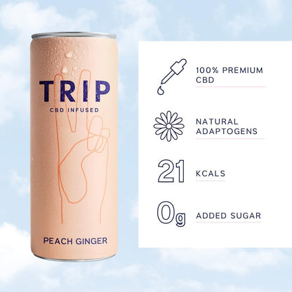 TRIP CBD Drink, Sparkling Peach Ginger Fizzy Drink, Low Calorie, Vegan (Pack of 12 x 250ml)