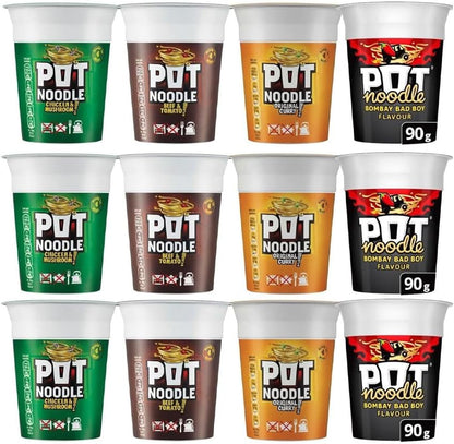 Noodle Multipack 12 – 3x Beef & Tomato, 3x Chicken & Mushroom, 3x Curry, 3x Bombay Bad Boy – Quick and Easy Instant Noodles, Ready Meal, Snack for Home, Office, Student, Camping, Travel – 90g Pots