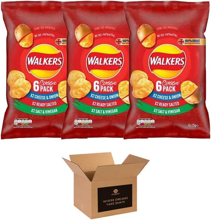 Walkers Crisps Variety Multipack | Assorted Flavours – Classic British Snack Box for Sharing, Lunchbox & Traveling – Family Party Pack Flavored Crispy Snacks (Pack 3, 6xTomato Ketchup 25g)