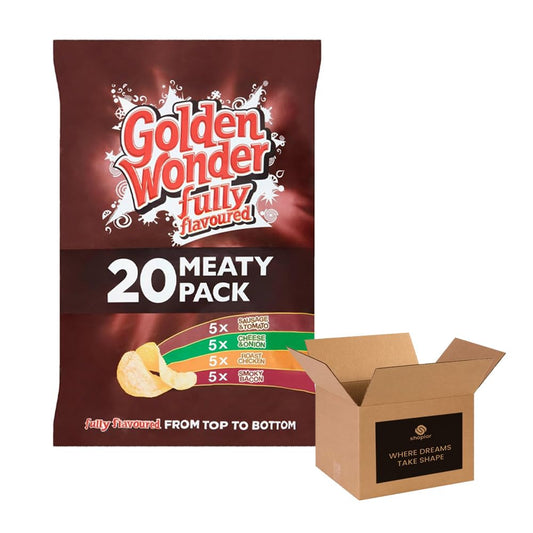Golden Wonder Crisps | Fully Flavoured Snacks – Classic Flavors | British Potato Snack Bulk Pack for Kids and Adults Lunchboxes, Parties, and Sharing - 20 x 25g (1 Pack, Meat)