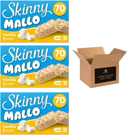 5 × Skinny Mallo Bars – Low Calorie Marshmallow Cereal Bars | Under 70 Calories Sweet Snack Treats for Kids & Adults, Healthy Snack Bars for Lunchboxes | (Pack 3(15 Bars), Vanilla)