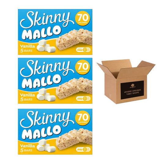 5 × Skinny Mallo Bars – Low Calorie Marshmallow Cereal Bars | Under 70 Calories Sweet Snack Treats for Kids & Adults, Healthy Snack Bars for Lunchboxes | (Pack 3(15 Bars), Vanilla)
