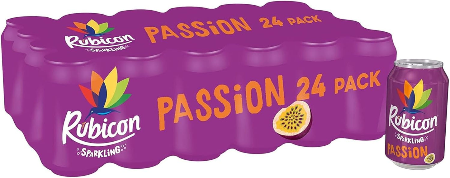 Rubicon 24 Pack Sparkling Passion Flavoured Fizzy Drink with Real Fruit Juice, Handpicked Fruits for a Temptingly Intense Taste "Made of Different Stuff" - 24 x 330ml Cans