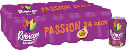 Rubicon 24 Pack Sparkling Passion Flavoured Fizzy Drink with Real Fruit Juice, Handpicked Fruits for a Temptingly Intense Taste "Made of Different Stuff" - 24 x 330ml Cans