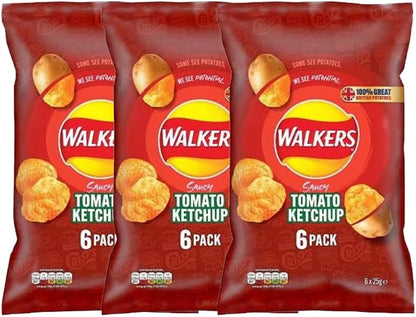 Walkers Crisps Variety Multipack | Assorted Flavours – Classic British Snack Box for Sharing, Lunchbox & Traveling – Family Party Pack Flavored Crispy Snacks (Pack 3, 6xTomato Ketchup 25g)