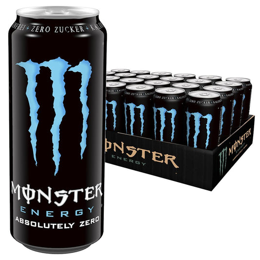 Monster Energy Absolutely Zero Energy Drink with Classic Monster Flavour but Zero Sugar & Zero Calories, Energy Drink Palette, Disposable Tin (24 x 500 ml)