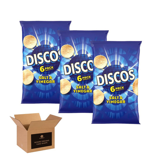 Discos Crisps Multipack 6 | Cheese & Onion, Salt Vinegar, Prawn Cocktail | Bold Flavour, Crunchy Snack for Lunchboxes, Office, School- (Pack 3, 6xSalt & Vinegar)