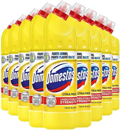 Domestos Thick Bleach Multi Purpose Disinfectant Cleaner | Germ Removal, Prevents Limescale 3x Longer, Antibacterial Toilet Cleaner, Bathroom, Kitchen & Drain Cleaner | 750ml (9, Citrus Fresh)