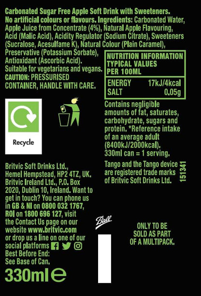 Tango Apple Sugar Free, 330ml, Pack of 24