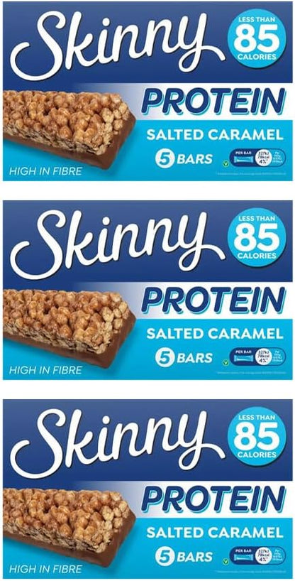 Skinny Protein Bars – Low Calorie High Fibre Healthy Snack Bars Under 95 Calories | Protein Treats for Weight Loss & Slimming Plans, Cereal Bars Healthy Snacks (Pack 3(15 Bars), Salted Caramel)