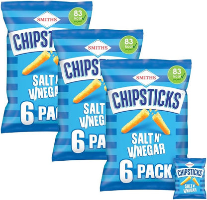 Smiths Chipsticks – Light & Crispy Flavoured Corn Snacks | Low Calorie Retro British Savoury Crisps | 6 Snack Bags | Lunchbox Snacks (Pack 3, Salt & Vinegar)