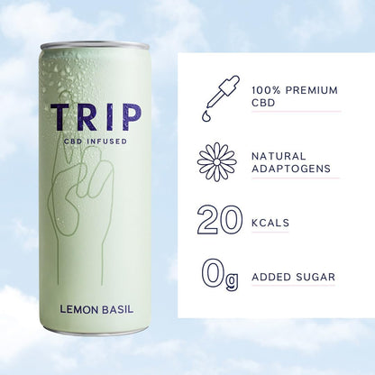 TRIP CBD Drink, Sparkling Lemon Basil Fizzy Drink, Low Calorie, Vegan (Pack of 12 x 250ml)