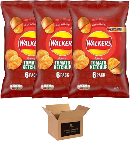 Walkers Crisps Variety Multipack | Assorted Flavours – Classic British Snack Box for Sharing, Lunchbox & Traveling – Family Party Pack Flavored Crispy Snacks (Pack 3, 6xTomato Ketchup 25g)