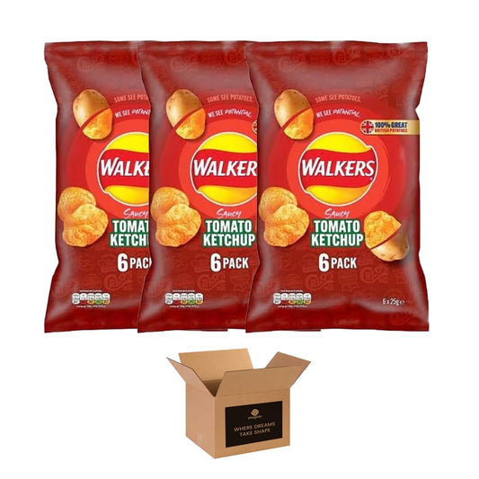 Walkers Crisps Variety Multipack | Assorted Flavours – Classic British Snack Box for Sharing, Lunchbox & Traveling – Family Party Pack Flavored Crispy Snacks (Pack 3, 6xTomato Ketchup 25g)