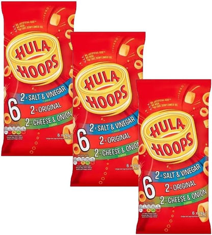 Hula Hoops Crisps Variety | BBQ, Cheese & Onion, Original, Ready Salted, Salt & Vinegar – Classic British Crisps | Flavored Snack Lunchboxes (Pack 3, 2xSalt & Vinegar-2xOriginal-2xCheese & Onion)