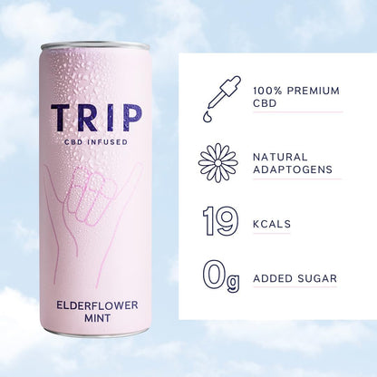 TRIP CBD Drink, Sparkling Elderflower Mint Fizzy Drink, Low Calorie, Vegan, 250 ml (Pack of 12)