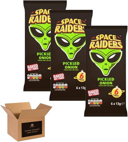 Space Raiders Crisps 6 Pack in 1 Pack – Beef/Onion Classic Retro Crisps Snack Packs for Lunchboxes, School, Work, Picnics & Sharing – Bold Flavour Crunchy Snacks (Pack 3, 6xBeef)