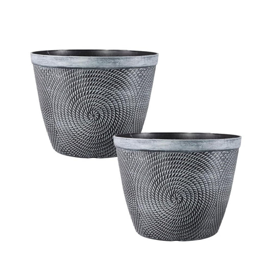 shopior Round Grey Plastic Plant Pot with Spiral Glossy Effect – Outdoor & Indoor Planter with Drainage Holes | Frost Proof Garden Flower Pot – Decorative Modern Patio Plant Container (23cm-Pack 2)
