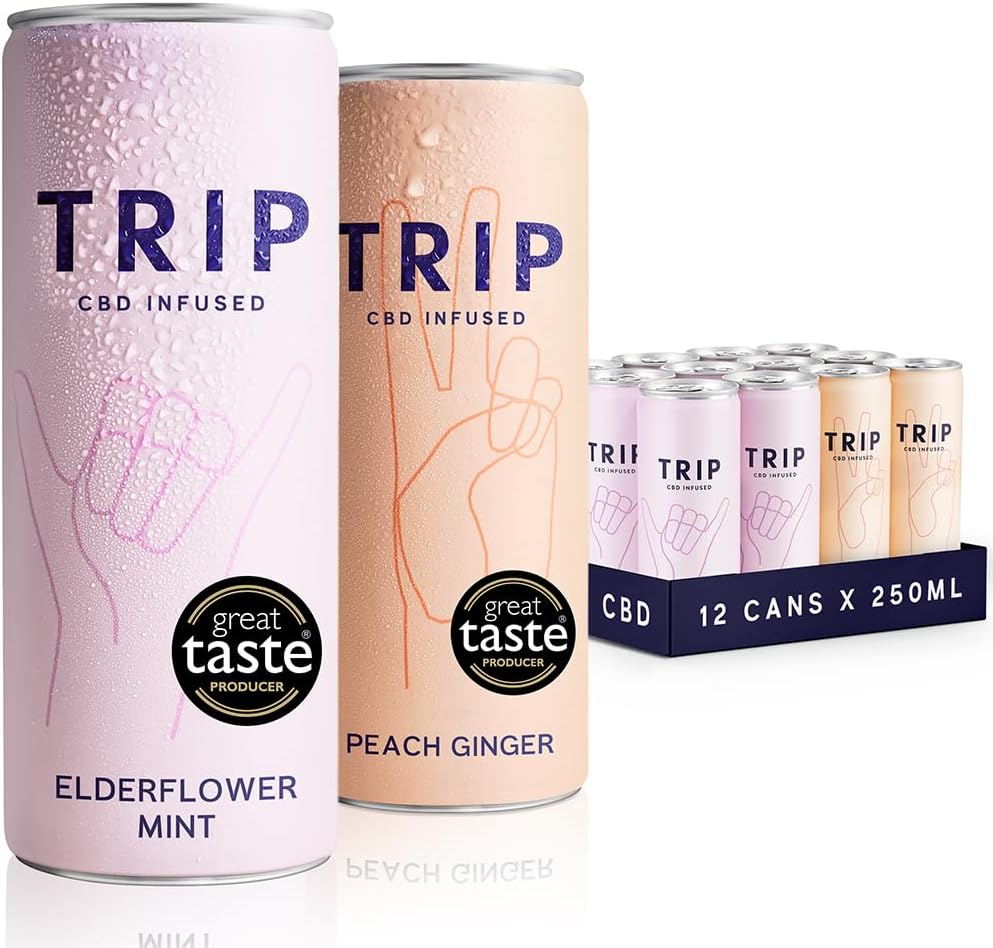 TRIP CBD Drink, Sparkling Elderflower Mint & Peach Ginger Fizzy Drink, Low Calorie, Vegan, Stress & Anxiety Relief (Pack of 12 x 250ml)