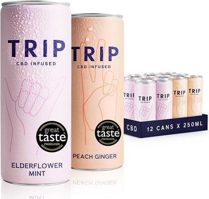 TRIP CBD Drink, Sparkling Elderflower Mint & Peach Ginger Fizzy Drink, Low Calorie, Vegan, Stress & Anxiety Relief (Pack of 12 x 250ml)