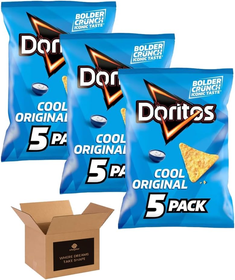 Doritos Tortilla Chips – Bold Crunch, Iconic Taste | Crispy Flavoured Corn Chips in Variety of Flavors – 5 Snack Bags per Pack | Party, Movie Night Crisps (Pack 3, 5xCool Original)