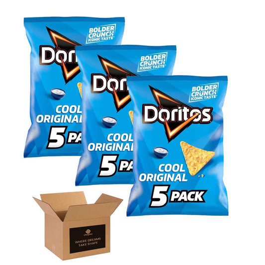 Doritos Tortilla Chips – Bold Crunch, Iconic Taste | Crispy Flavoured Corn Chips in Variety of Flavors – 5 Snack Bags per Pack | Party, Movie Night Crisps (Pack 3, 5xCool Original)
