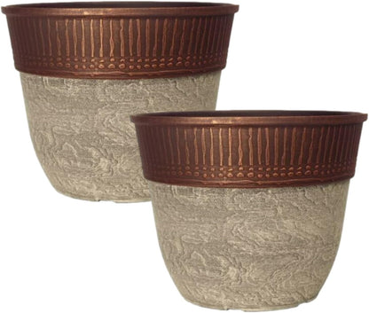 CTI Living Set of 2 Stone Look Copper Rim Plastic Plant Pot 38cm 23L Round Garden Planter with Drainage Hole Weatherproof