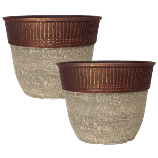 CTI Living Set of 2 Stone Look Copper Rim Plastic Plant Pot 38cm 23L Round Garden Planter with Drainage Hole Weatherproof