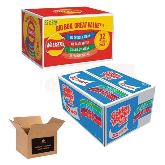 Golden Wonder Fully Flavoured Blue Box & Walkers Big Red Box – 32 Packs of Cheese & Onion, Salt & Vinegar, and Smoky Bacon (25g Each) – Total 64 Individual Bags
