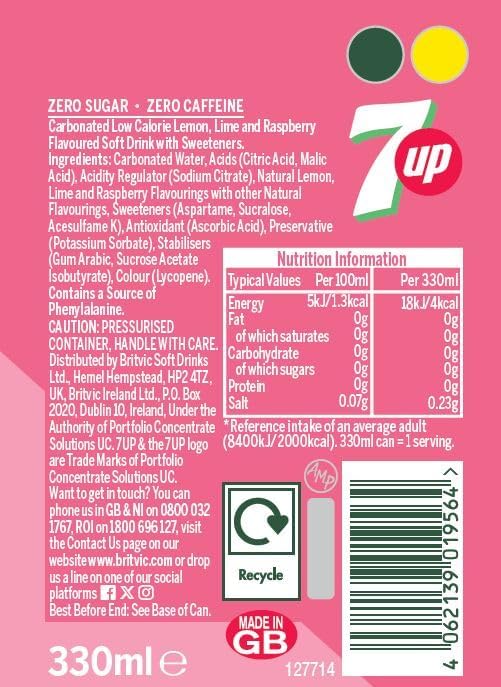 7UP Zero Pink Lemonade, 330ml can (Pack of 24)