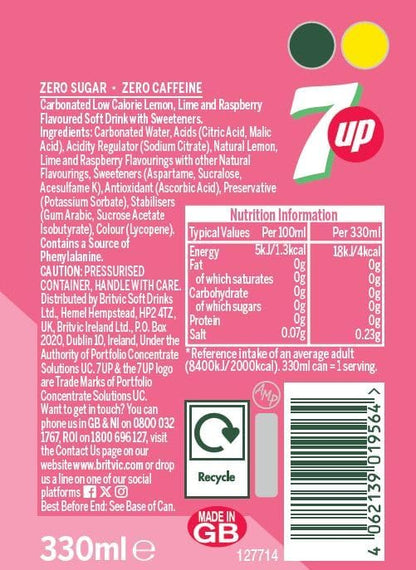 7UP Zero Pink Lemonade, 330ml can (Pack of 24)