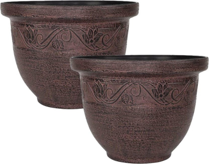 CTI Living Set of 2 Round 30cm 12 Inch Garden Plant Pot Brown Rustic Flower Outdoor Bell Planter Weatherproof Drainage Hole
