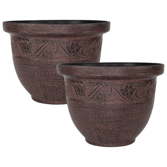 CTI Living Set of 2 Round 30cm 12 Inch Garden Plant Pot Brown Rustic Flower Outdoor Bell Planter Weatherproof Drainage Hole