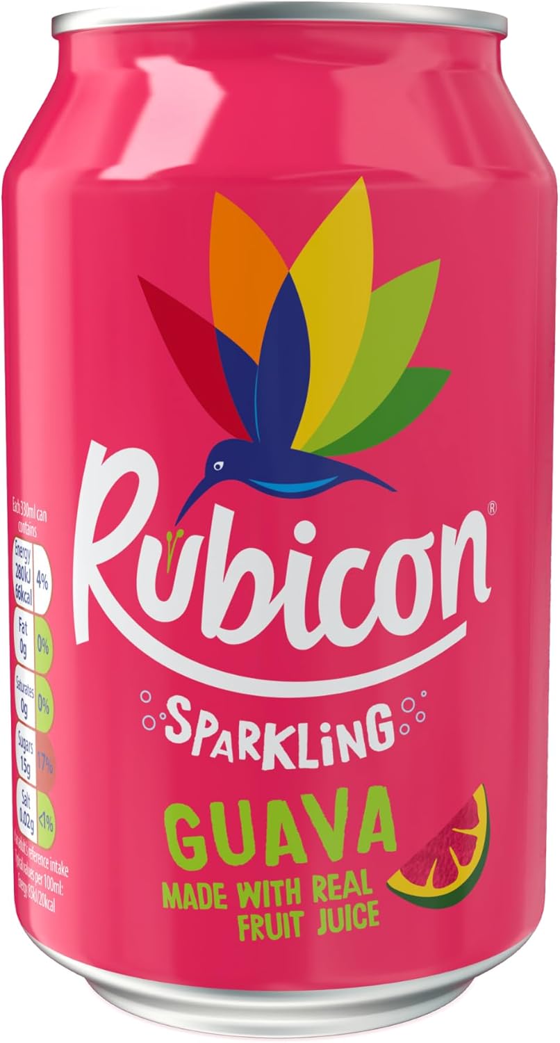 Rubicon 24 Pack Sparkling Guava Flavoured Fizzy Drink with Real Fruit Juice, Handpicked Fruits for a Temptingly Intense Taste "Made of Different Stuff" - 24 x 330ml Cans