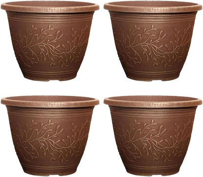 Round Linden Garden Plant Pot – Weatherproof Decorative Outdoor & Indoor Flower Planter with Drainage Holes | Durable Plastic Plant Pot for Patio, Balcony, Home & Garden - 28cm (Green-Pack 4, 28cm)