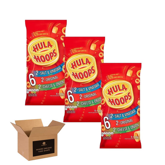 Hula Hoops Crisps Variety | BBQ, Cheese & Onion, Original, Ready Salted, Salt & Vinegar – Classic British Crisps | Flavored Snack Lunchboxes (Pack 3, 2xSalt & Vinegar-2xOriginal-2xCheese & Onion)