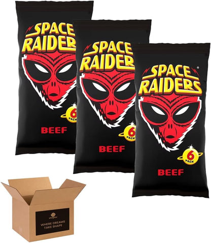 Space Raiders Crisps 6 Pack in 1 Pack – Beef/Onion Classic Retro Crisps Snack Packs for Lunchboxes, School, Work, Picnics & Sharing – Bold Flavour Crunchy Snacks (Pack 3, 6xBeef)
