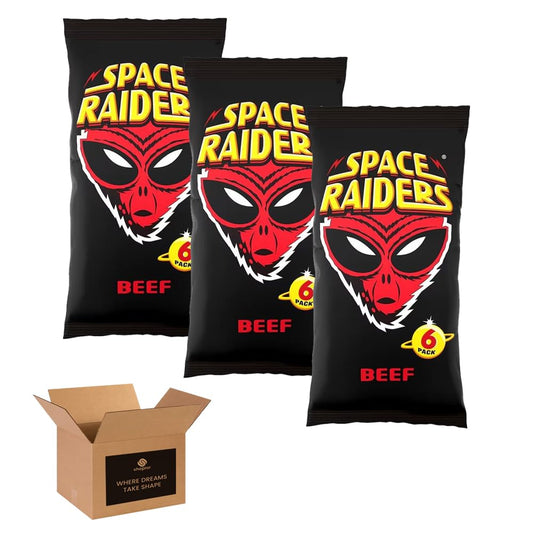 Space Raiders Crisps 6 Pack in 1 Pack – Beef/Onion Classic Retro Crisps Snack Packs for Lunchboxes, School, Work, Picnics & Sharing – Bold Flavour Crunchy Snacks (Pack 3, 6xBeef)
