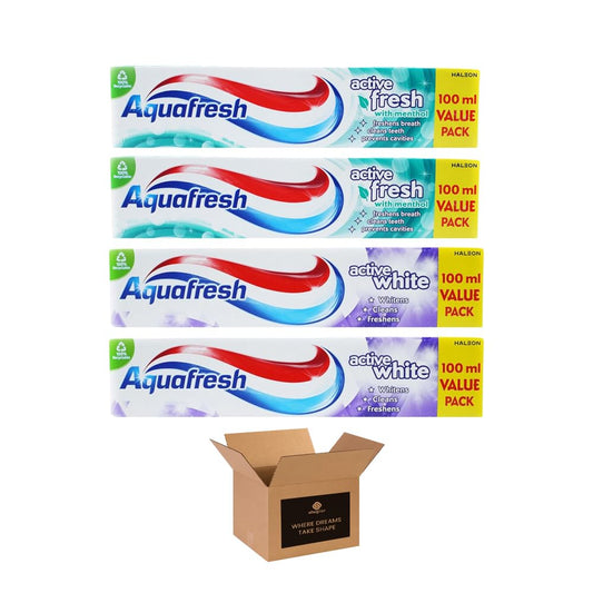 Aquafresh Toothpaste – Whitening & Fresh Breath with Fluoride | Removes Surface Stains, Protects Teeth & Gums – with Hadco Bamboo Toothbrush & Travel Case – (Pack 4, 2-Active Fresh & 2-Active White)