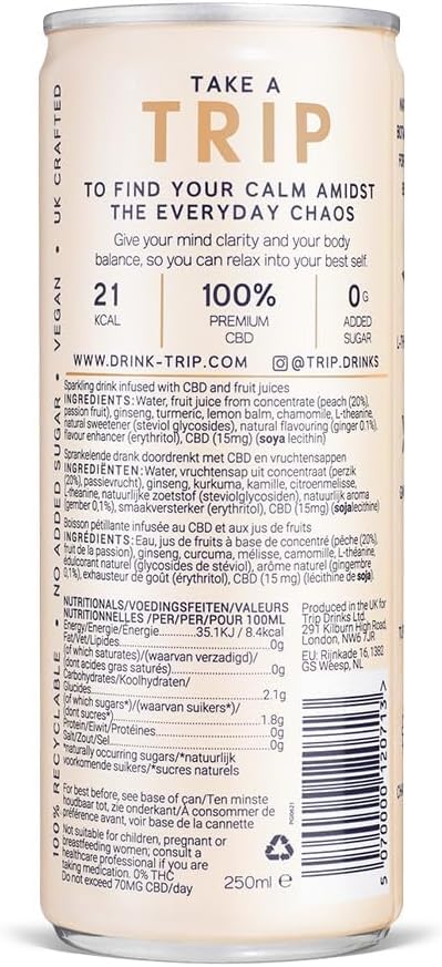 TRIP CBD Drink, Sparkling Peach Ginger Fizzy Drink, Low Calorie, Vegan (Pack of 12 x 250ml)