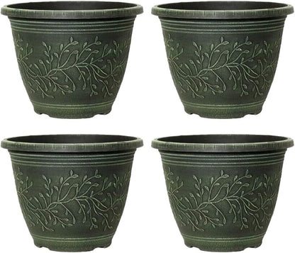 Round Linden Garden Plant Pot – Weatherproof Decorative Outdoor & Indoor Flower Planter with Drainage Holes | Durable Plastic Plant Pot for Patio, Balcony, Home & Garden - 28cm (Green-Pack 4, 28cm)