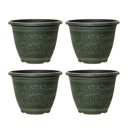Round Linden Garden Plant Pot – Weatherproof Decorative Outdoor & Indoor Flower Planter with Drainage Holes | Durable Plastic Plant Pot for Patio, Balcony, Home & Garden - 28cm (Green-Pack 4, 28cm)