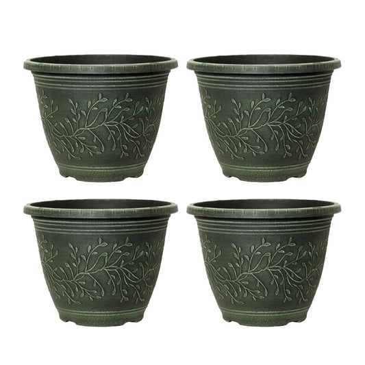 Round Linden Garden Plant Pot – Weatherproof Decorative Outdoor & Indoor Flower Planter with Drainage Holes | Durable Plastic Plant Pot for Patio, Balcony, Home & Garden - 28cm (Green-Pack 4, 28cm)