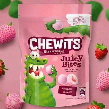 Chewits Juicy Bites 115g | Raspberry, Strawberry, Apple & Lemon Sour Flavoured Chewy Sweets | Real Fruit Juice, Soft Chews for Kids & Adults (Chewits Strawberry)