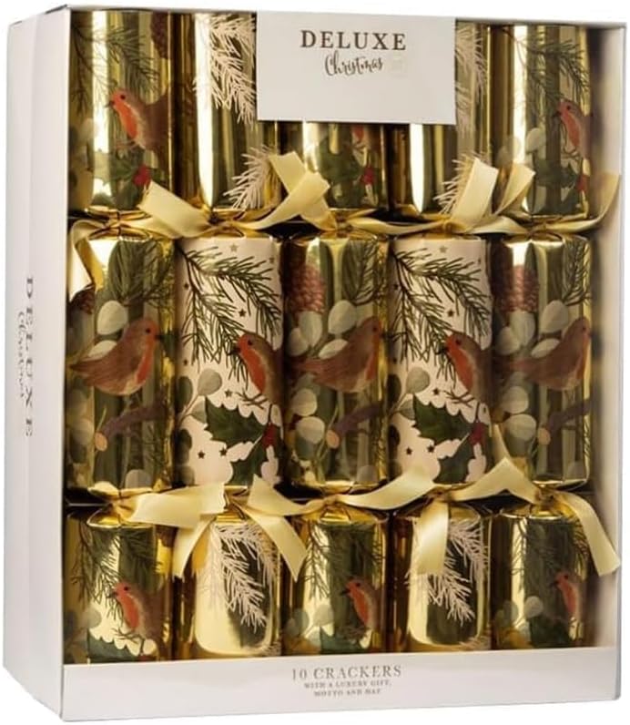 Family Christmas Crackers for Christmas Parties and Decorations - Multicolour Christmas Cracker Kit - Fun Novelty Gifts (Robin & Pine)