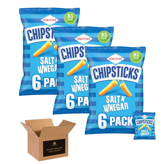 Smiths Chipsticks – Light & Crispy Flavoured Corn Snacks | Low Calorie Retro British Savoury Crisps | 6 Snack Bags | Lunchbox Snacks (Pack 3, Salt & Vinegar)